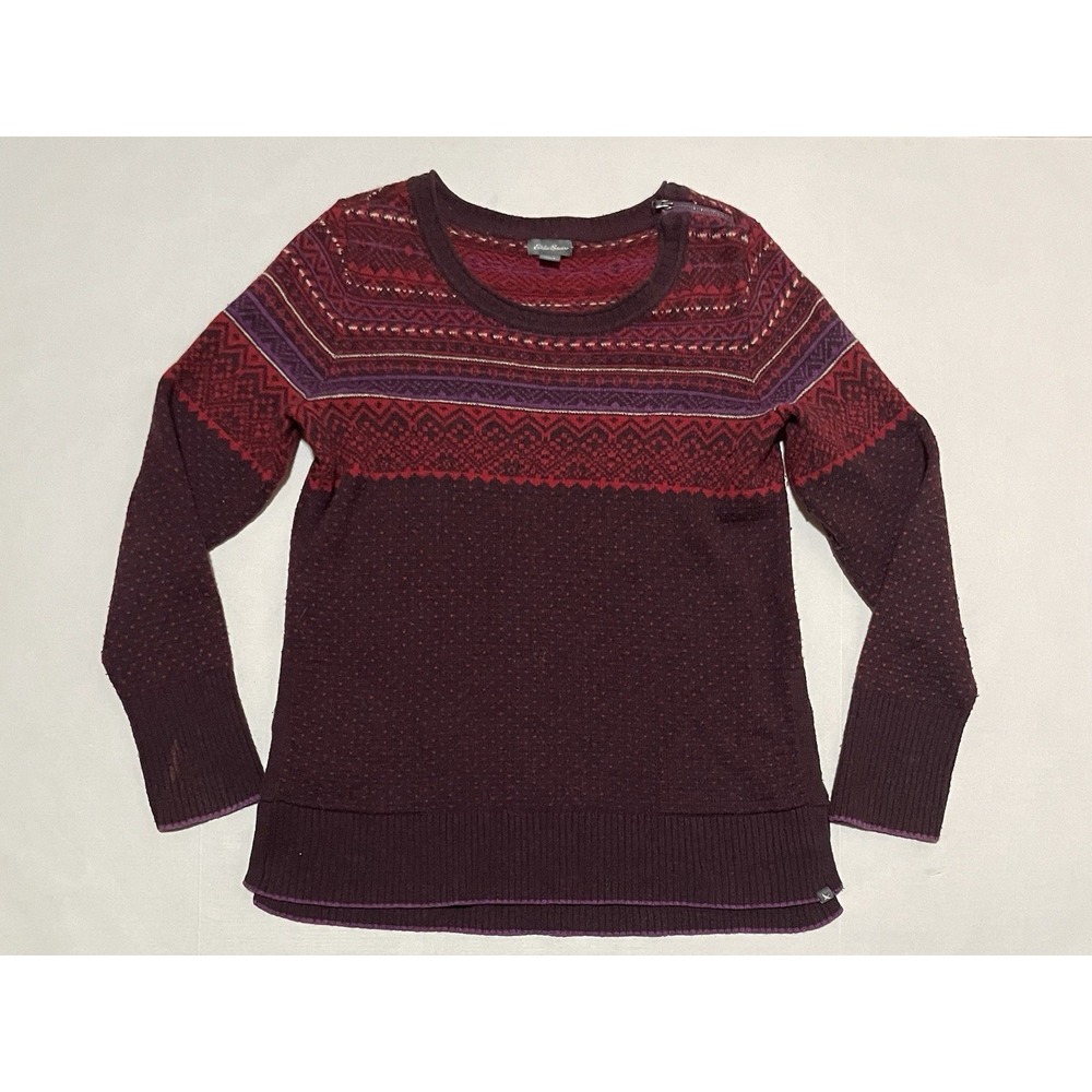 Eddie Bauer Women's Large Wool Blend Tunic Sweater Red Purple Fair Isle‎ Nordic